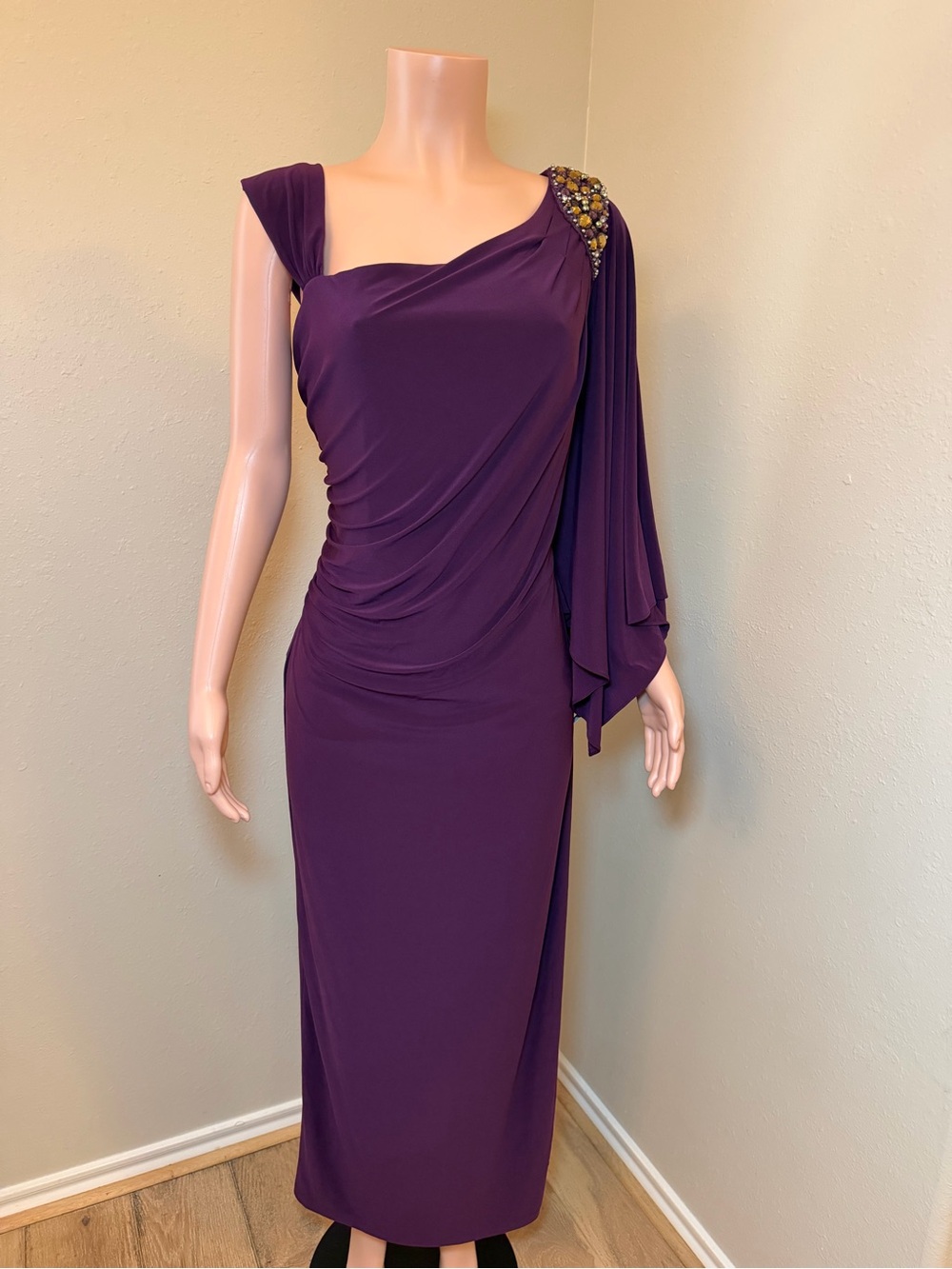 R&M Richards Deep Purple One-Shoulder Evening Gown with Beaded Shoulder